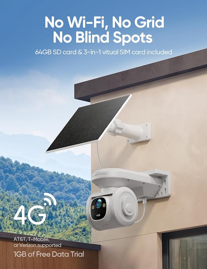 4G LTE Cellular Security Camera Outdoor 2.5K QHD, No WiFi 24/7 Recording, vSIM & 64GB SD, 8W Solar Panel Powered, Pan Tilt AI Person/Animial/Vehicle Tracking, Color Night Vision, IP67 Cold-Resistant