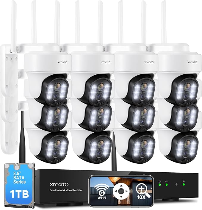 xmartO 16CH 12-Camera WiFi6 Security Camera System Wireless Outdoor/Indoor, 16CH 4K NVR with 4X 2K HD Dual Lens Cameras with Auto Tracking, 1TB HDD (Plug-in 24/7 Surveillance, Long Range WiFi)