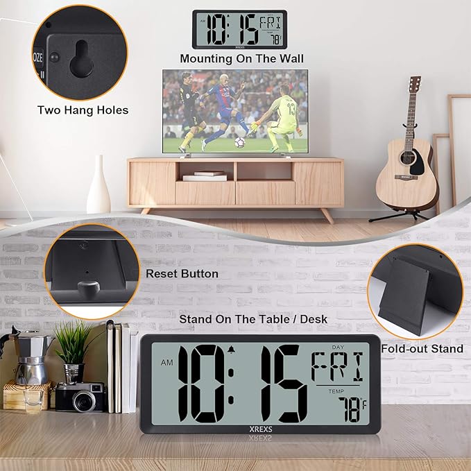 XREXS Large Digital Wall Clock, Battery Operated Alarm Clocks for Bedroom Home Decor, Count Up & Down Timer, 14.17 Inch Large LCD Screen with Time/Calendar/Temperature Display (Batteries Included)