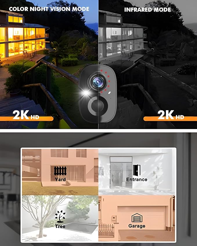 Dzees 2K Security Cameras Wireless Outdoor, Indoor-Outside WiFi Battery Powered Camera for Home Security,Color Night Vision,2-Way Talk,AI Motion Detection,Spotlight Siren Alarm,SD/Cloud Storage,2 Pack