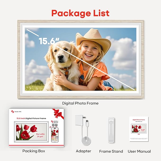 64GB Frameo 15.6" Digital Picture Frame Large 1920 x 1080 IPS FHD Touch Screen WiFi Electronic Photo Frames Share Moments Instantly Anywhere Best Gifts for Parents and Grandparents White Wood