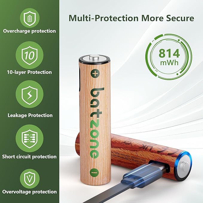 Rechargeable AAA Batteries, 814mWh AAA Batteries Lithium, Long Lasting USB C AAA Rechargeable Battery, 16 Pack with 3 USB-C 2-in-1 Charging Cable Over 1000+ Cycles