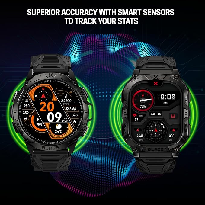 CARBINOX Blaze Smart Watch Ultimate Pack with GPS, Rugged Fitness Tracker Waterproof IP69K, Compatible with Android and iOS, 170+ Sports Modes, Make/Receive Calls (Square)