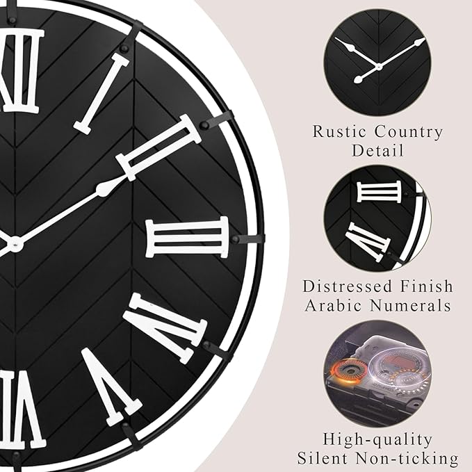 30 Inch Large Wooden Wall Clock – Extra Large FarmhouseWall Clock with 3D Roman Numerals & Herringbone Splicing, Black Modern Wood Wall Clock for Living Room