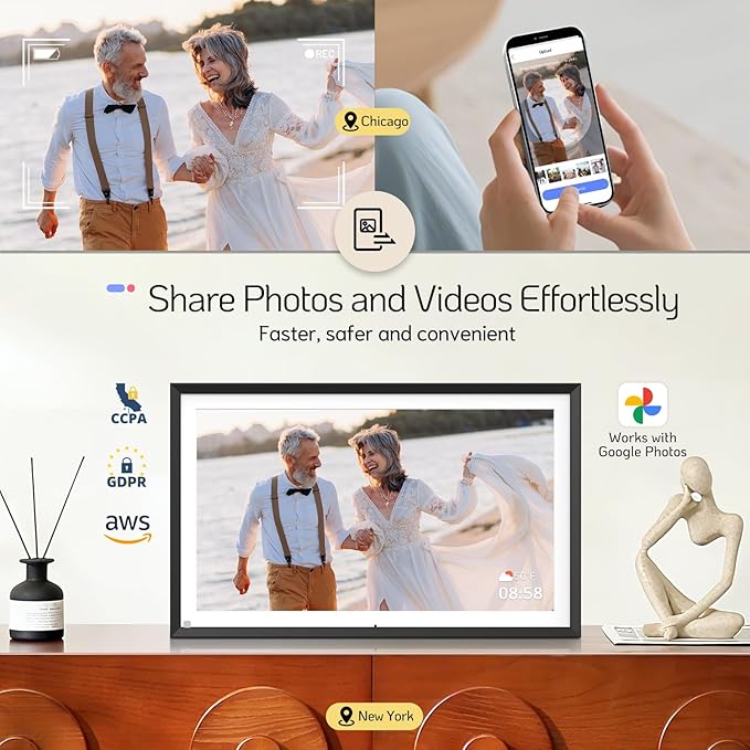 NexFoto 15.6 Inch Touchscreen Digital Picture Frame 64GB, FHD IPS WiFi Digital Photo Frame, Add Photos from Google Photos, Share Photos/Videos via App/USB, Gifts for Christmas/Birthday/Mom, Black