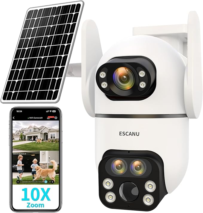 Three-Lens Security Camera Wireless Outdoor,2K 360° View Cameras for Home Security,Solar Battery Powered Camera with10x Hybrid Zoom,Motion Detection,Night Vision,No Subscription Fee,Waterproof