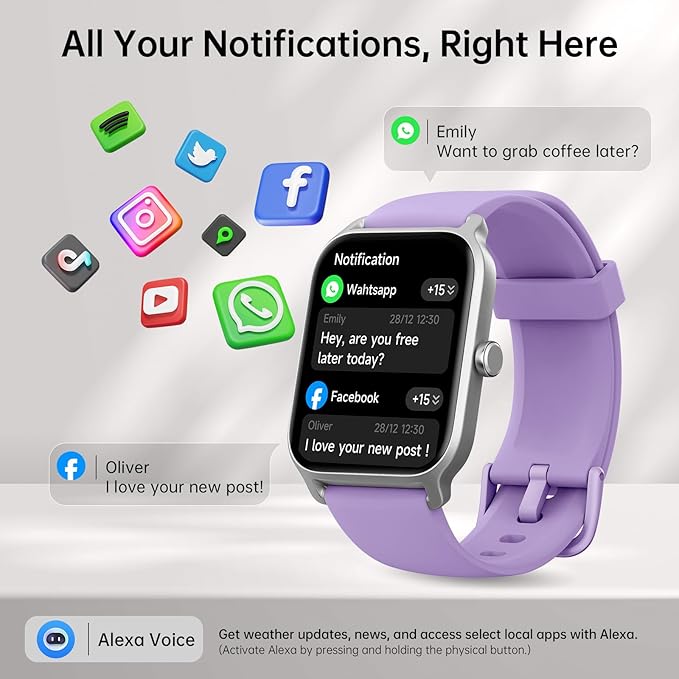 Smart Watches for Women with Alexa & Bluetooth Call,1.85" HD Screen Fitness Tracker,30-Day Battery,Heart Rate/Sleep/SpO2 Monitor,100+ Sports Modes,2ATM Waterproof Smartwatch for Android iPhone(Purple)