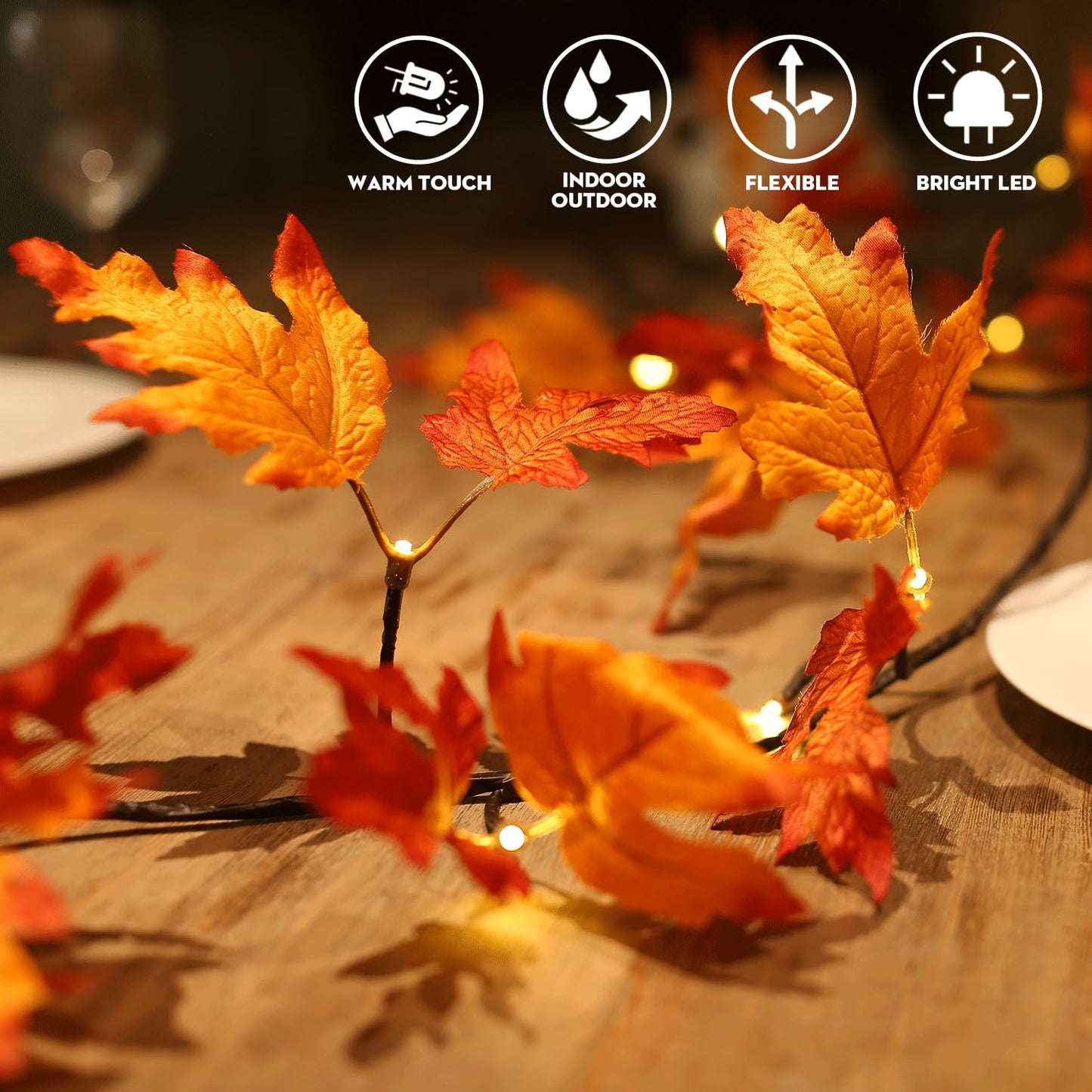 NWLIGHT Fall Garland with Lights, 6.56Ft Orange Maple Leaf, 24 LED, Timer, Indoor Autumn Decoration