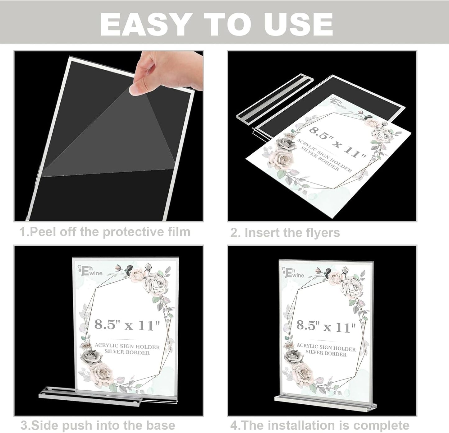 EHWINE 16 Pack Acrylic Sign Holder 8.5 x 11, Double-Sided Tabletop Silver Sign Holder, Clear Acrylic Picture Frame Menu Flyer Paper Holder Display Stand for Home Wedding Party (with Non-Slip Pads)