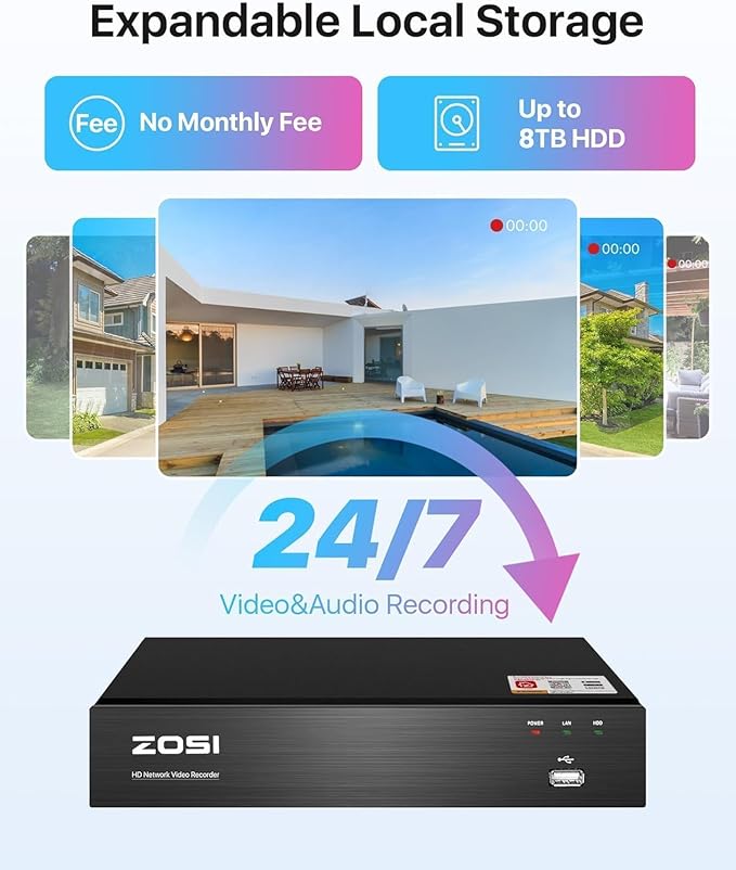 ZOSI 8CH 4K PoE Home Security Camera System, 8 Ports 16CH 8MP NVR with 2TB HDD, 4pcs 5MP Outdoor PoE Cameras, 120ft Night Vision