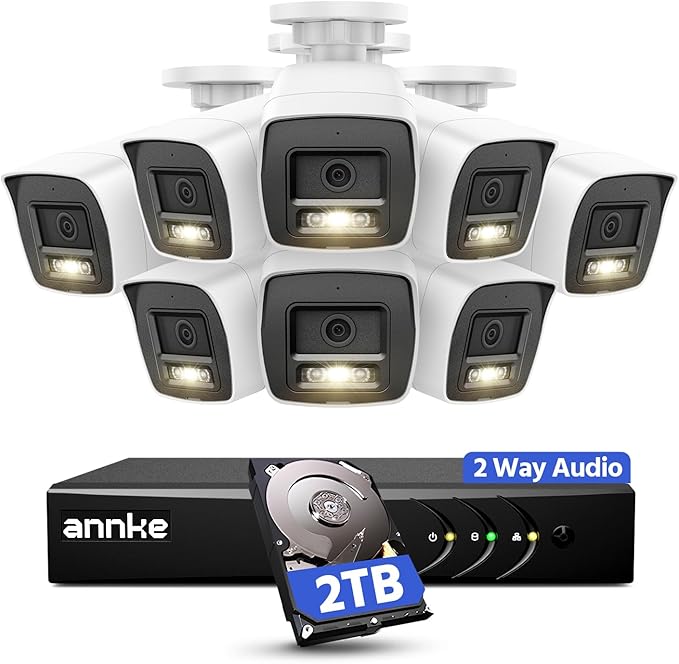 ANNKE 2MP Two-Way Audio Security Camera System, 8CH 3K Lite DVR, 8pcs 1080P CCTV White Wired Cams with Smart Color Night Vision, AI Motion Detection, 2TB HDD for Outdoor Home Surveillance