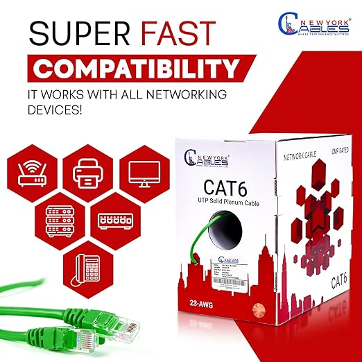 NewYork Cables CAT6 Plenum Cable 1000ft | 100% Solid Bare Copper, UTP, 550MHz, 23AWG, 4Pair 10GB Ethernet Cable, Certified CMP-Rated Bulk Cat 6 for Networking & Gaming (1000ft, Pure Copper,Green)