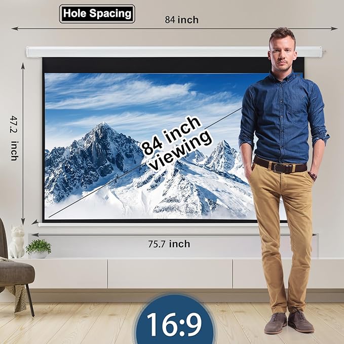 YODOLLA 84inch Motorized Projection Screen, 16:9 4K 3D HD Electric Projector Screen, Wall/Ceiling Mounted White Projection Screen with Two Remote Controls for Indoor & Outdoor Use