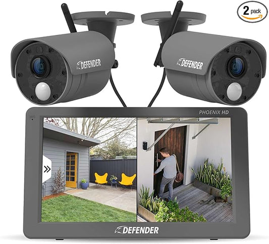 Defender PhoenixHD Wireless Security Camera System with 10.1” Touchscreen Monitor, 2 Outdoor 1080P HD Night Vision Cameras, Plug & Play Home Security System, Two Way Talk, No WiFi Required