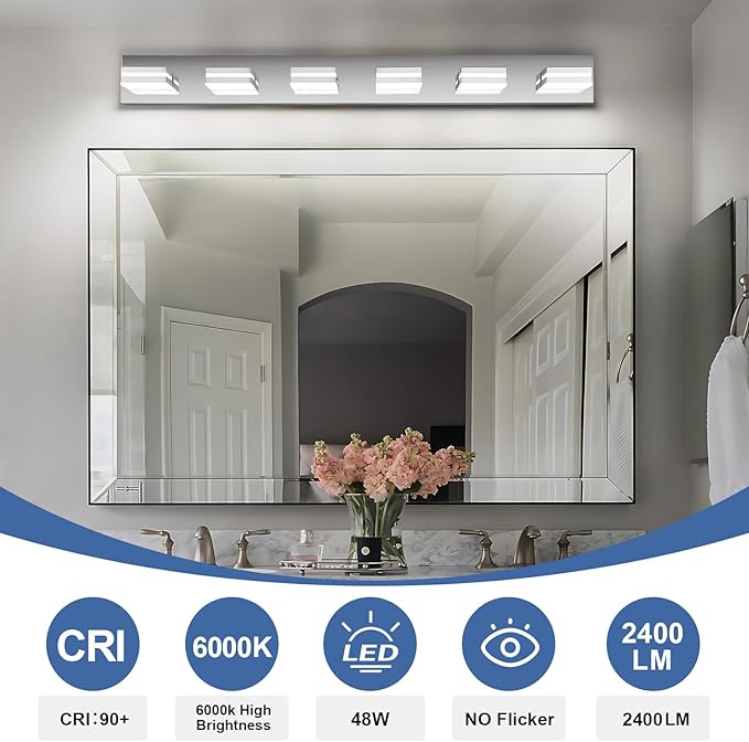 Modern LED Bathroom Lights Fixtures(6-Light),Stainless Steel Chrome Acrylic Wall Lighting,Vanity Lights for Bathroom Over Mirror(6000k 41in)