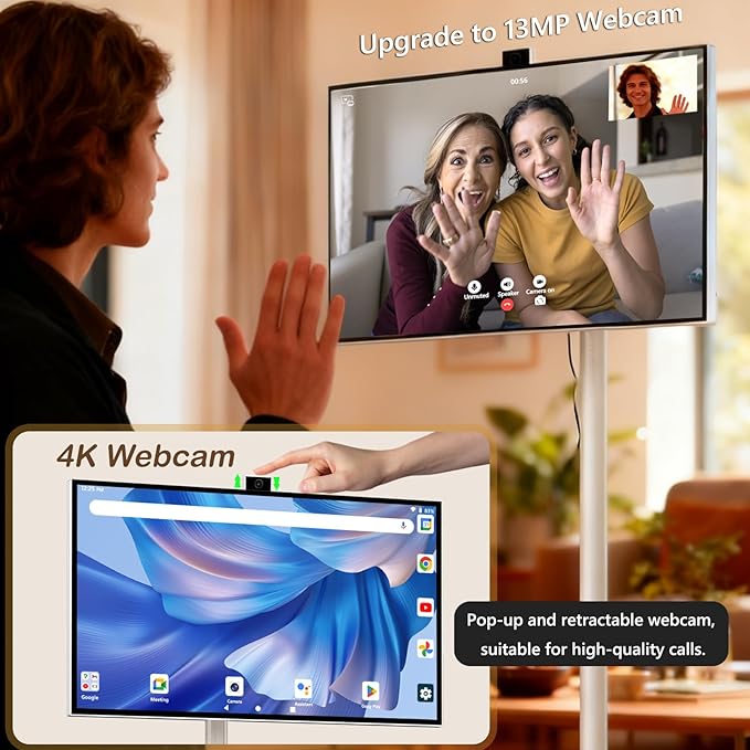 OFD 27 In Portable TV on Wheels 2nd Gen 1080P,Android 15 OS,6GB RAM+128GB ROM,100%sRG Swivel Rotation Smart Touchscreen,Rolling TV with 4K Webcam,USB-A-Remote,9000mAh Battery,EDLA-Certified,Off White