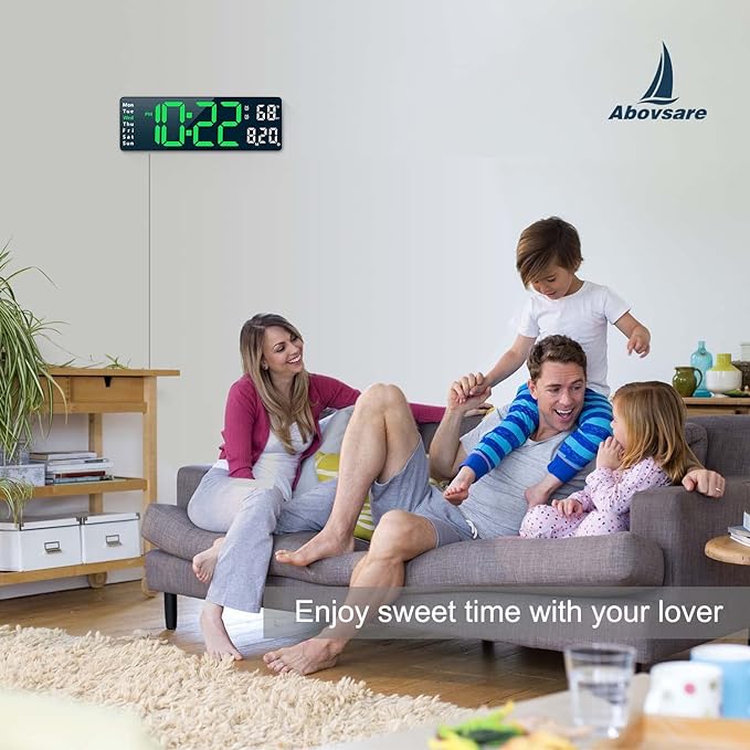 Digital Clock, Digital Wall Clock for Living Room Decor, Desk Alarm Clock for Bedroom, Large Wall Clock with Remote Control, Automatic Brightness Dimmer LED Clock with Date Temperature Week (Green-B)