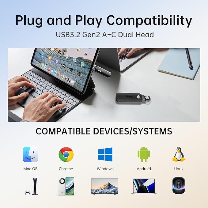 SSK USB Flash Drive 2TB SSD External, TLC NAND Solid State Drive Dual USBC & USBA Ports, Up to 1000MB/s High-Speed Portable 1TB USB Thumb Drive Stick for iPhone 15/16/17 Pro, Mac, Android, PC Backup