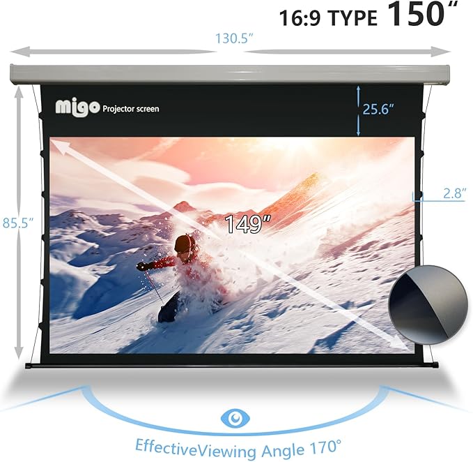 MIGO 150 Inch Pull Down Electric Projector Screen, Grey Crystal 2.0 Gain Partial Ambient Light 4K Tab-Tension Projector Screen Wall & Ceiling Mount for Short Throw Projector Movie Home Theater Cinema