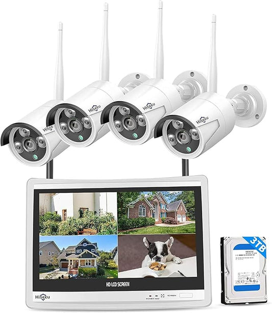 [16CH Expandable] Hiseeu Home Security System, 2.4G/5G Wireless WiFi Pro, 4K NVR with 12" LCD Monitor, 5MP Plug-in Powered Outdoor Bullet Cameras, 24/7 Recording, 3TB HDD, Night Vision, IP65