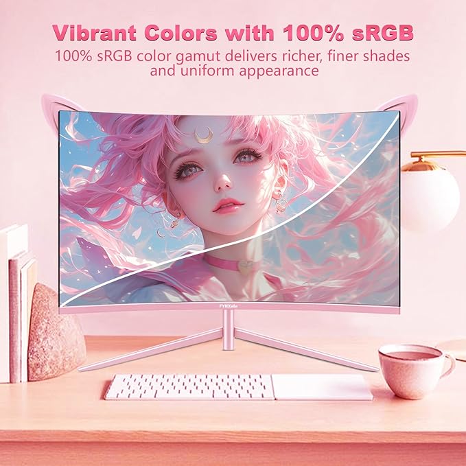 27 inch Gaming Monitor, Pink 1800R Curved Monitor, FHD-1920X1080P, 165Hz, 1ms, Fast IPS, FreeSync Hdmi Monitor with Ultrathin, HDMI/DP/USB Vesa/Wall Mount Computer Monitor-Pink