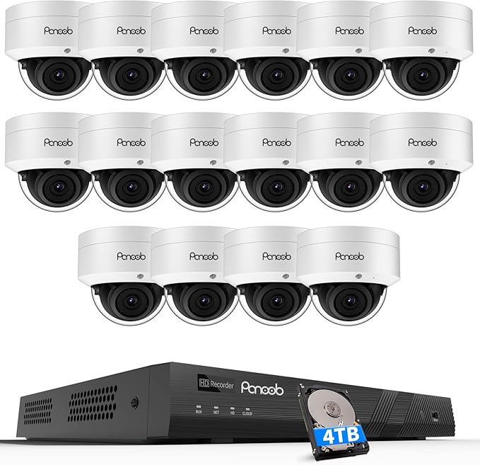 PoE 4K 16 Channel Security Camera System, 16x 8MP IK10 Vandal Dome Cameras with Human/Vehicle Detection, Built-in Mic, 24/7 Remote Access, 4TB HDD NVR, PD54A1616-8M-1