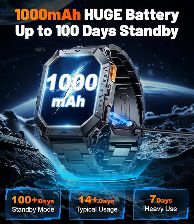 TX1 Military Smart Watch for Men, 1000mAh 80 Days Long Battery, 2.13'' AMOLED Smartwatch, 100+ Sport Mode/IP68 Waterproof Fitness Tracker, Rugged Smart Watch for Android iOS Compatible