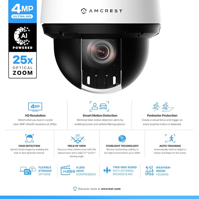 Amcrest 4MP Outdoor PTZ POE + AI IP Camera Pan Tilt Zoom (Optical 25x Motorized) Security Speed Dome, Human and Vehicle Detection, IVS, Face Detection, Auto Tracking, POE+ (802.3at) IP4M-1068EW-AI