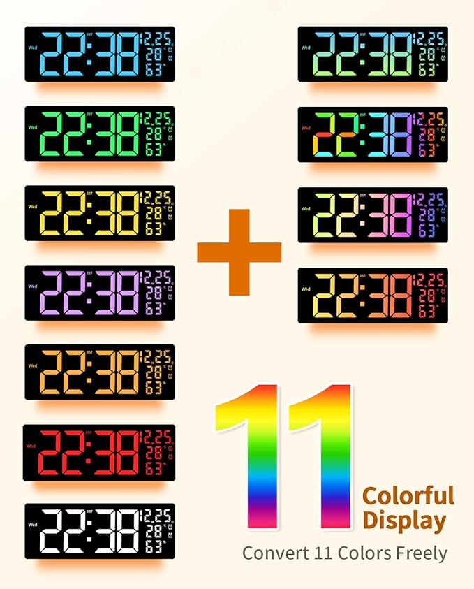 17.2" Large Digital Wall Mount Clock, Count Down Timer, Alarm, Big LED, 11 RGB Color, Temperature for Living Room Classroom Desk, Xmas, Birthday Gift for Senior Mom Dad (Rectangle)