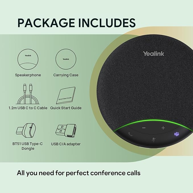 Yealink SP92 Bluetooth Speaker and Microphone with Dongle, Conference Speakerphone for Teams, 13ft 360° Omni Pickup, Full-Duplex Mic, Al Noise Reduction, 20H Call Time, USB C/A