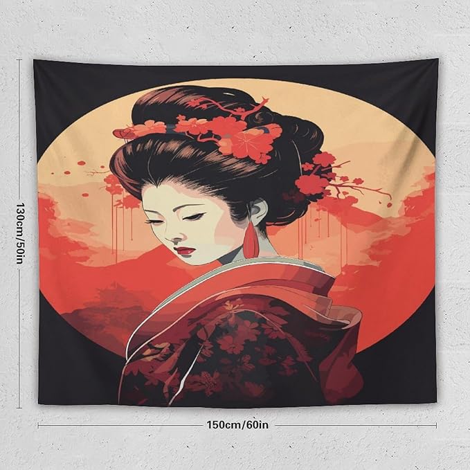 Japanese Woman Geisha Tapestry Asian Cherry Blossom Red Sun Traditional Kimono Folk Tapestries Home Decor for Living Room Bedroom Apartment Farmhouse Dorm 60"x50"