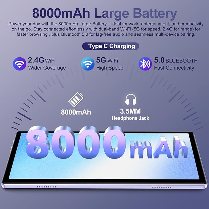 2025 Android 15 Tablet with Keyboard | Gemini AI, 30GB+128GB Octa-Core Electronics Tablets w/ 10 Inch IPS HD Display, 8000mAh, 5G WiFi, 1TB Expand, Mouse+Case, BT 5.0, Widevine L1, Metal Body -Purple