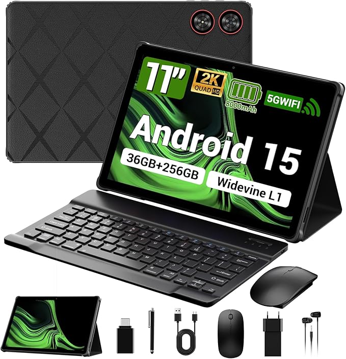 2025 Tablet 11 inch Android 15 Tablets with Keyboard Stylus Mouse: 2K IPS Tablette (2000x1200), 36GB+256GB(2TB TF), 5G/2.4G Dual WiFi, 8-Core 1.6GHz, 8000mAh,8+13MP, BT5.0/GPS-Black