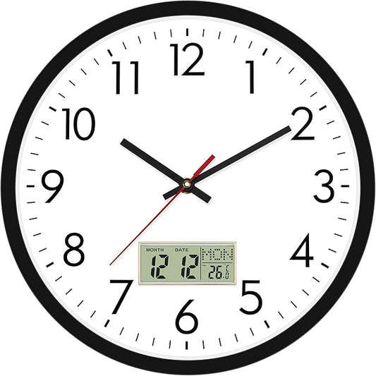 Lumuasky Wall Clock Digital 12" Non-Ticking Silent Battery Operated Analog with LCD Display for Perpetual Calendar and C° Temperature, Ideal Modern Home, Bedroom, Kitchen, Office Decor