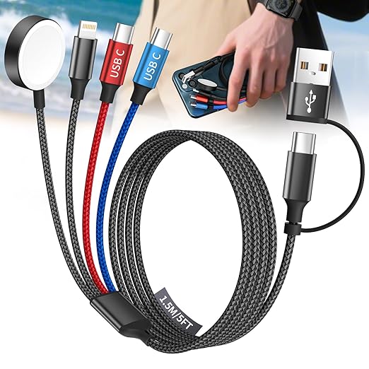 Dual Type-C Port 4 in 2 USB C Cable for Apple iWatch Charger/iPhone 17, Travel Charger Multi Charging Cable Cord for iWatch Ultra/SE/10-1, iPhone16-8, iPad, Android, Car, Cruise Essentials - 1Pc 5FT