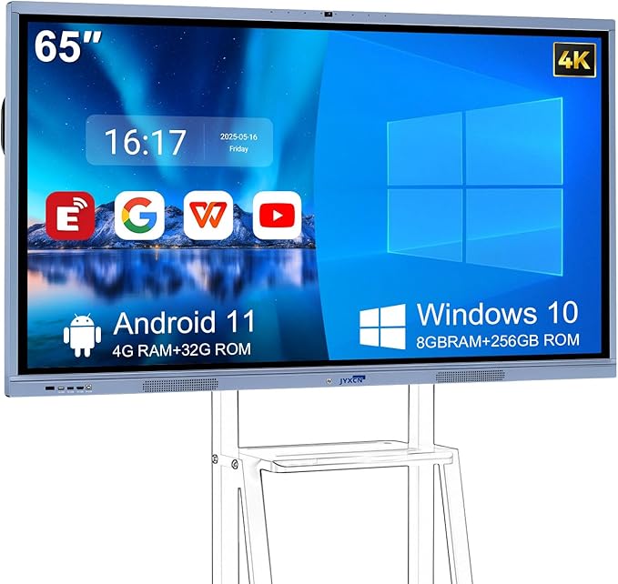 65" 4K Smart Board Interactive Digital Whiteboard, 8 + 256 GB Smart Board | Ultra-HD Display, Android Dual System & 20MP Camera | Touchscreen Electronic Smartboard for Classroom, Office