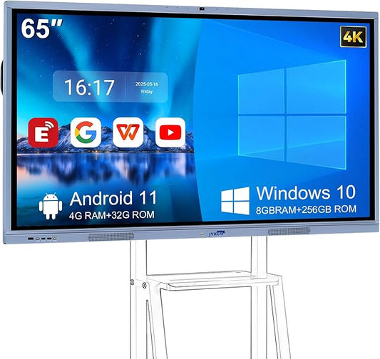 65" 4K Smart Board Interactive Digital Whiteboard, 8 + 256 GB Smart Board | Ultra-HD Display, Android Dual System & 20MP Camera | Touchscreen Electronic Smartboard for Classroom, Office