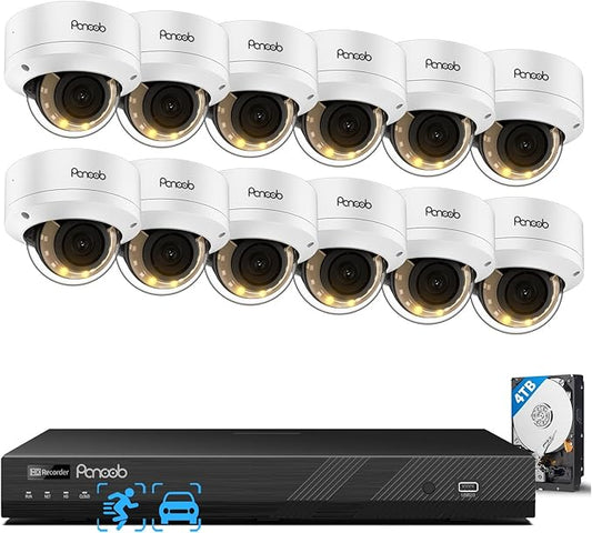 16 Channel Security Camera System, 12x 8MP IK10 Vandal Proof Dome Camera Outdoor, Human Vehicle Detection, Color Night Vision, 2 Way Audio 24-7 Recording, 4K 16CH NVR 4TB HDD, PD54Y1216-8M