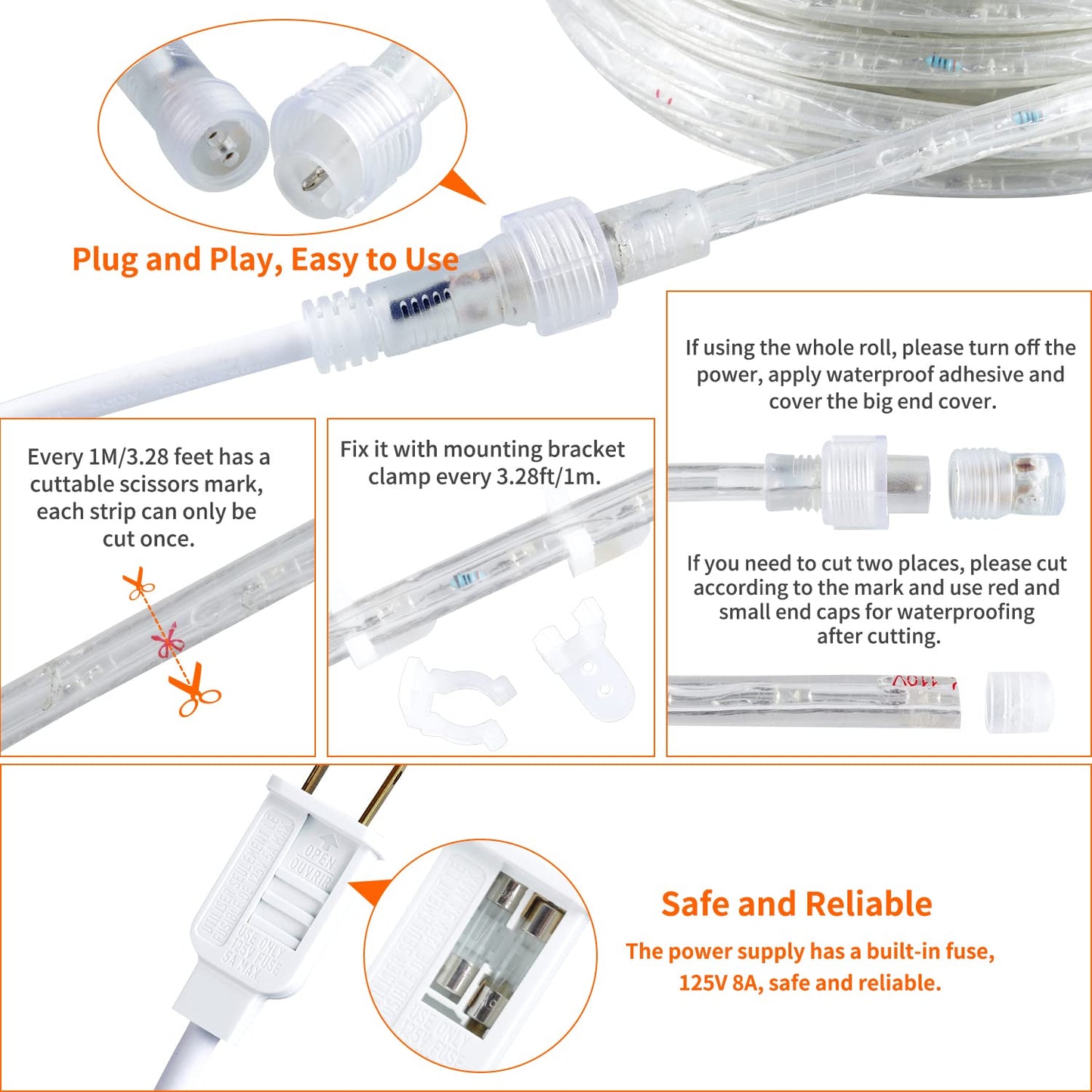 YQNLIFA LED Rope Lights, Dimmable 40ft, 432 LEDs, IP65 Waterproof, Warm White, Model WD12, Cuttable for Indoor/Outdoor Use