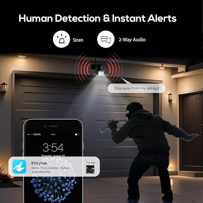 Kittyhok Black Solar Security Cameras Wireless Outdoor System, 5G/2.4G WiFi, 4pcs 2K Ultra Pan/Tilt Home Solar Security Camera with Human Detection, Spotlight, 10CH WiFi-6 NVR, 60 Days Local Storage