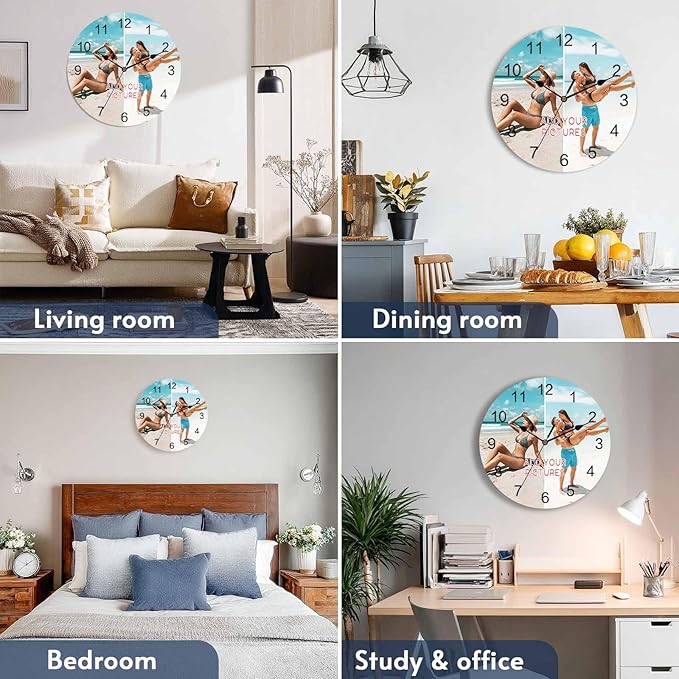 Personalized Clocks with Picture/Text, Custom 2 Photo Silent Wall Clock Non Ticking for Bedroom, Living Room, Kitchen, Office, Customized Anniversary Valentine's Day Gifts (10", 12", 14")