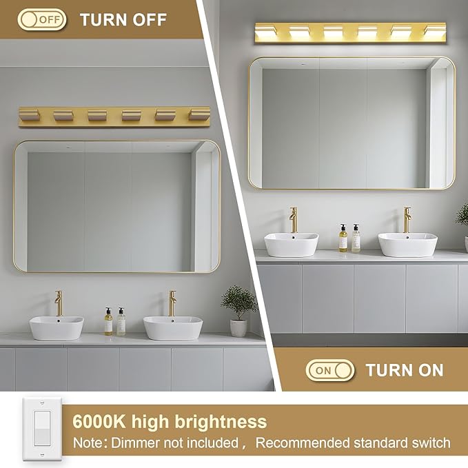 Modern LED Bathroom Lights Fixtures(6-Light),Metal Gold Acrylic Wall Lighting,Vanity Lights for Bathroom Over Mirror(6000k 41in)
