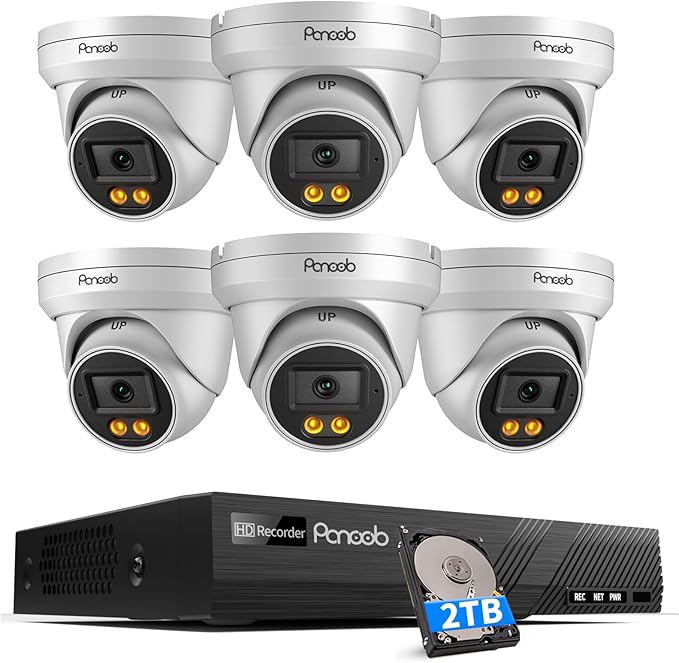 PoE Security Camera System 4K, 6X Wired 8MP IP Surveillance Dome Cameras with Person Vehicle Detection, Smart Dual Lights Full Color Night Vision, 4K 8CH PoE NVR with 2TB HDD, PD93BA0608-8MD