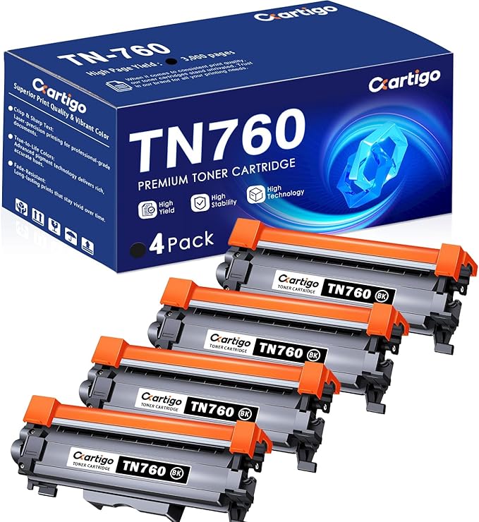TN760 Black High Yield Toner Cartridge 4 Pack Replacement for TN-760 TN 760 Compatible with Brother MFC-L2710DW MFC-L2750DW HL-L2350DW HL-L2370DW HL-L2395DW HL-L2390DW DCP-L2550DW Printer