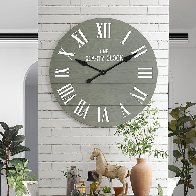 ARTPOWER Large Farmhouse Wall Clock, 35.5” Shiplap Wall Clock with Roman Numeral, Nearly Non-Ticking, Round Wall Clocks for Living Room Decor, Office, Bedroom, Entrance, Sage Green