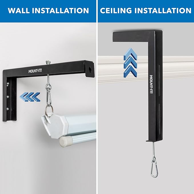 Mount-It! Projector Screen Wall Mount L-Brackets - Extra Large Wall and Ceiling Hanging Bracket for Home Projector and Movie Screens, 12 inch Mounting Hooks, 1 Pair, Black, 66 Lb Each Capacity