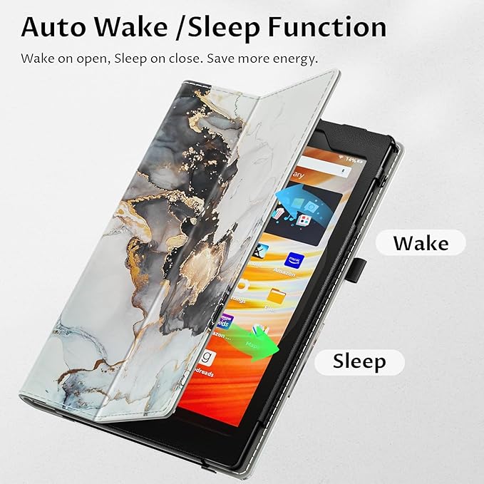 VORI Case for All-New Amazon Kindle Fire HD 10 Tablet (13th/11th Generation 2023/2021 Release) and Fire HD 10 Plus - Slim Folding Stand Folio Cover with Auto Wake/Sleep & Hand Strap, Cloudy Marble