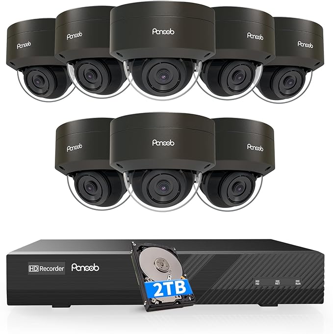 Security Camera System PoE, 8PCS 5MP Wired IP IK10 Vandal-Proof PoE Dome Camera, AI Human Detection, Remote Access, 100ft IR Night Vision Built-in Mic, 4K 8CH NVR 2TB HDD, PD54B0808-5M