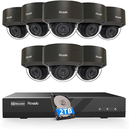 Security Camera System PoE, 8PCS 5MP Wired IP IK10 Vandal-Proof PoE Dome Camera, AI Human Detection, Remote Access, 100ft IR Night Vision Built-in Mic, 4K 8CH NVR 2TB HDD, PD54B0808-5M