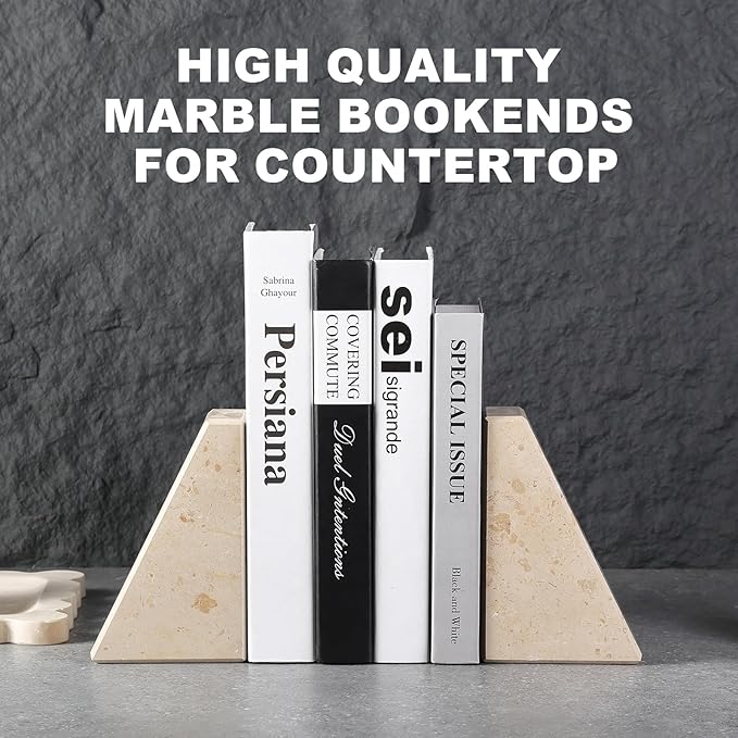 Marble Bookends for Heavy Books, Decorative Book Ends for Shelves, Beige Stone Durable and Heavy-Duty Book Ends for Hardback Books & CDS, Unique Book Stopper & Holder, Set of 2